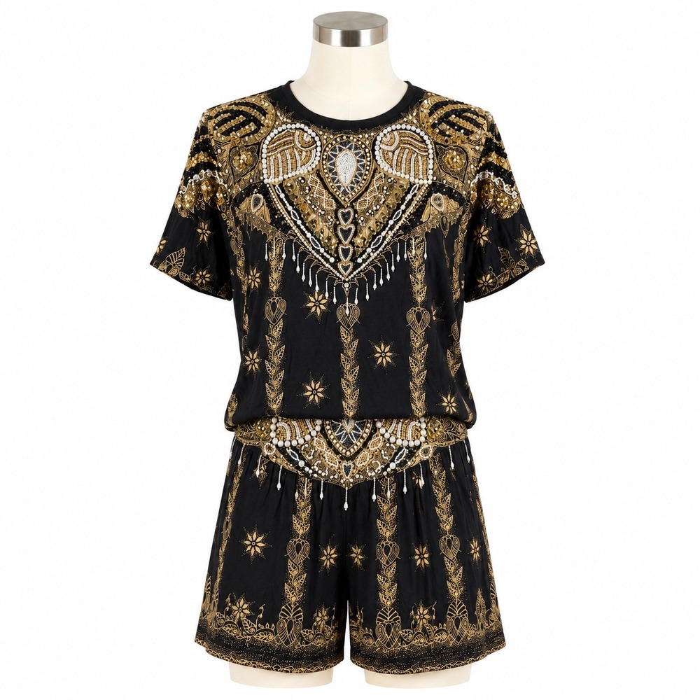 Bali Collection Set M/L Black Gold Beaded‎ Sequin Faux Pearl Ornate Batik Tee